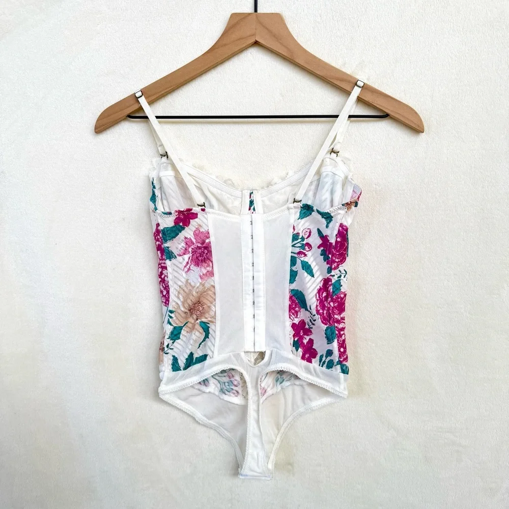 NWOT Free People Good Luck Charm Floral Printed Thong Bodysuit w/ Lace in White